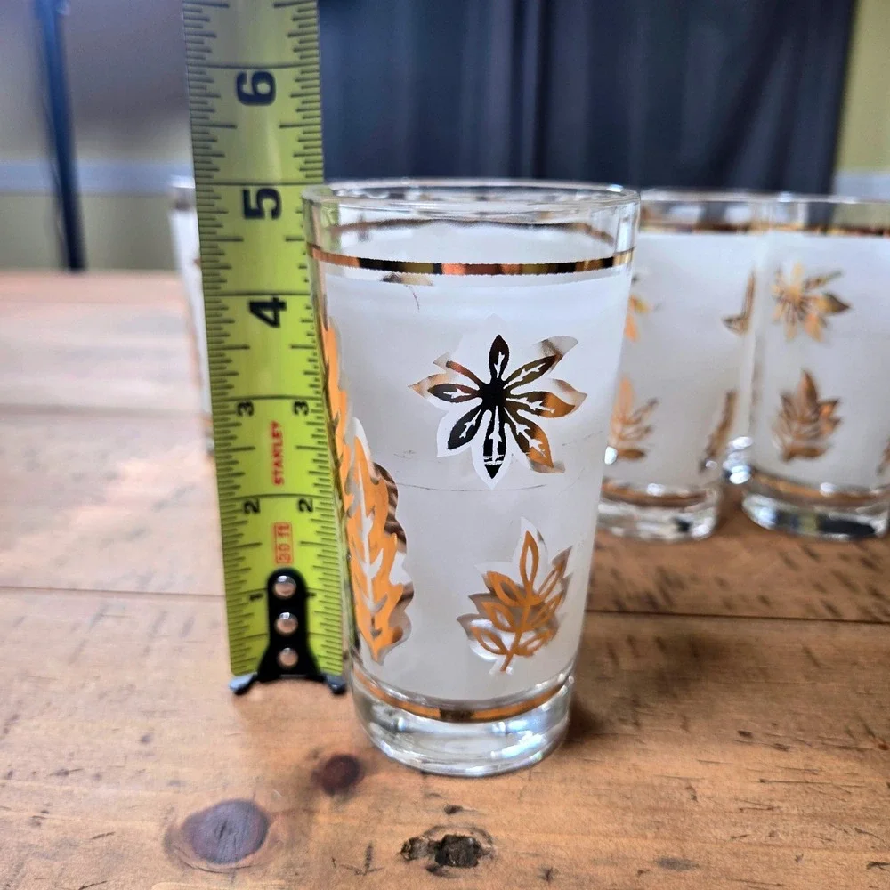Vintage Libbey Golden Foliage Frosted Highball Glasses Set of 8 Brass Caddy MCM